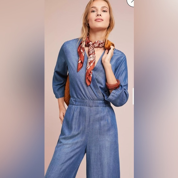 Anthropologie By Cloth & Stone Denim Blue Chambray Jumpsuit with Wide-Leg Design - Picture 9 of 13